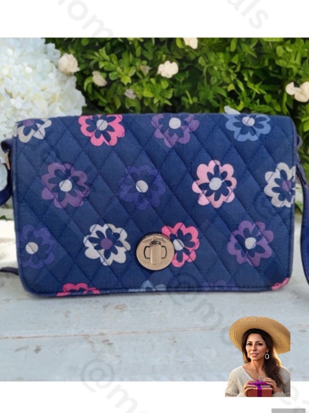 Vera Bradley Ellie Flowers Navy Quilted Floral Turn-Lock Crossbody Blue Purple
